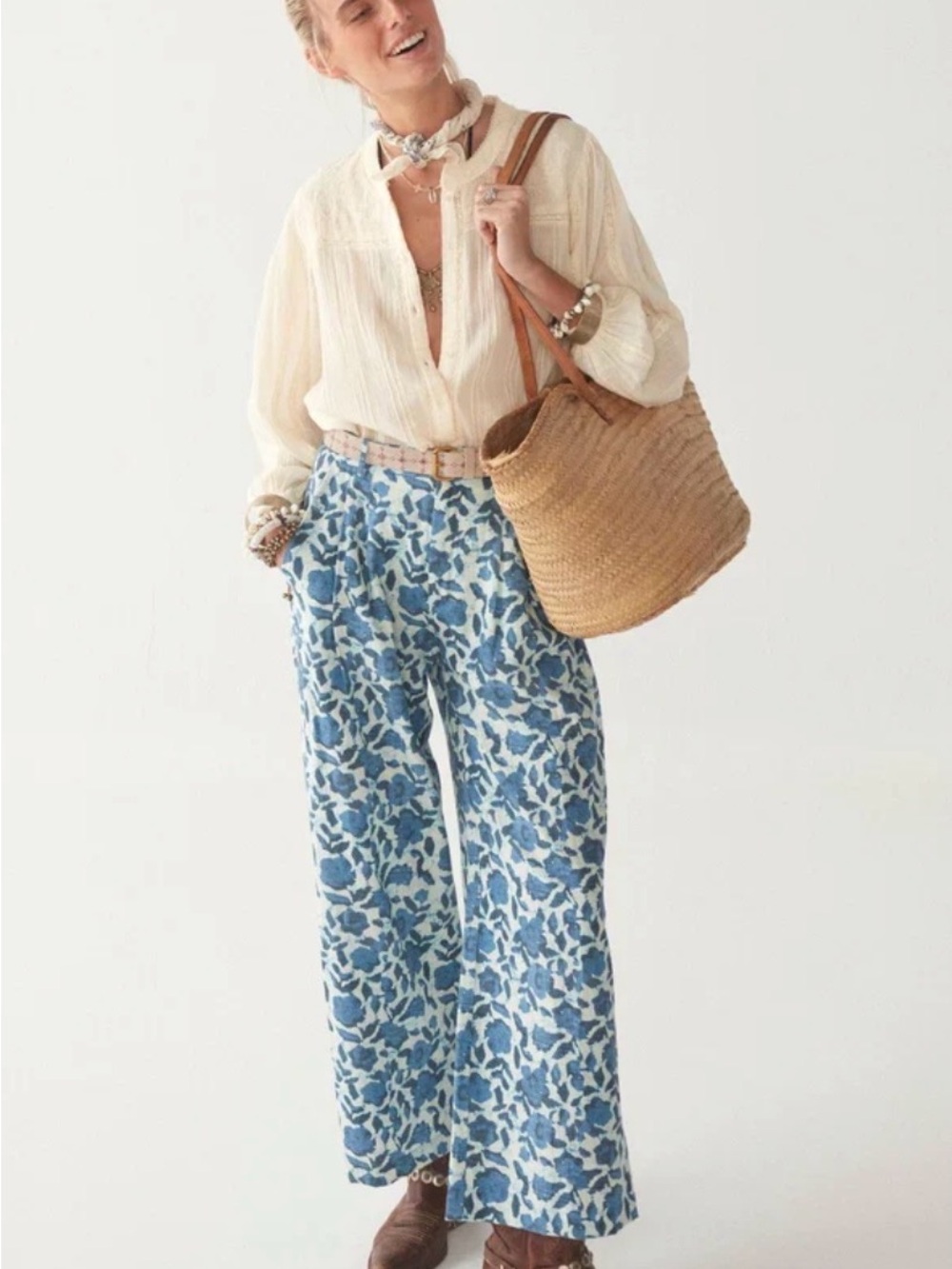 Maison Hotel Blue Floral Wide-Leg Linen Trousers
